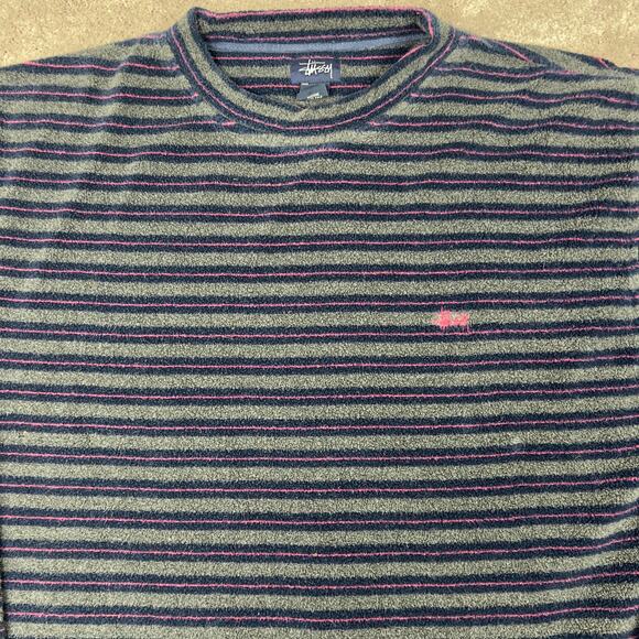 Striped Stüssy Stussy Pullover Shirt Size XL Fleece Long Sleeve Gray Blue & Pink - Picture 2 of 5